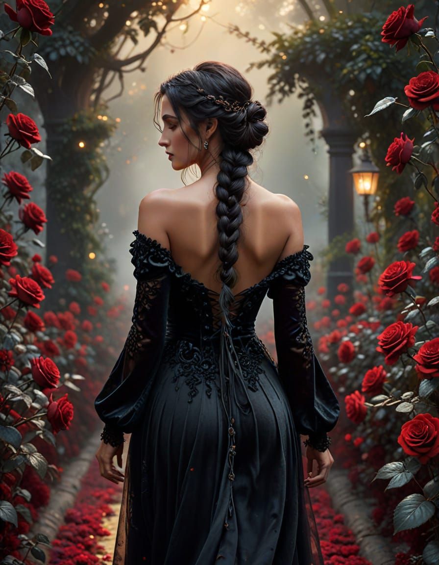 Mysterious Woman in Black Rose Garden, Hyperdetailed Style