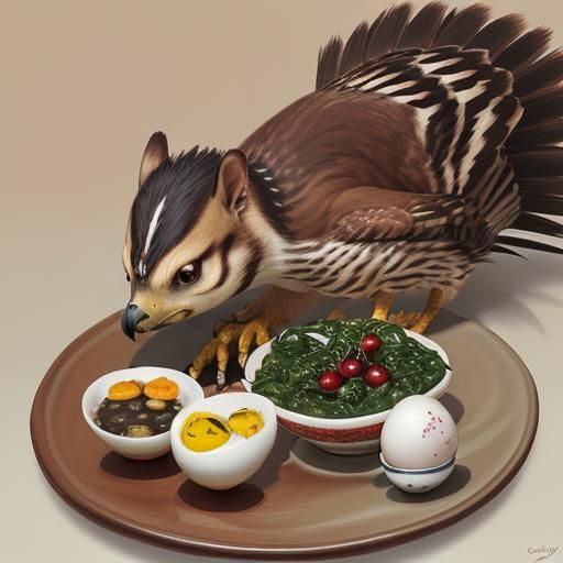 Hawk with a side of steamed azuki bean, sliced wakame and cherries. Served with chipmunk and porcupine soup, hard boiled...