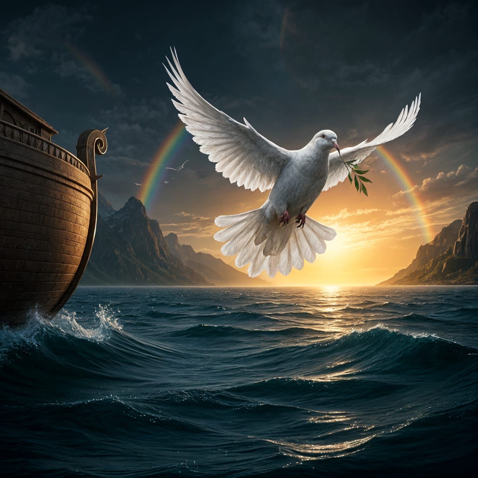 Masonic Dove Ascends Above Noah's Ark in Ethereal Landscape