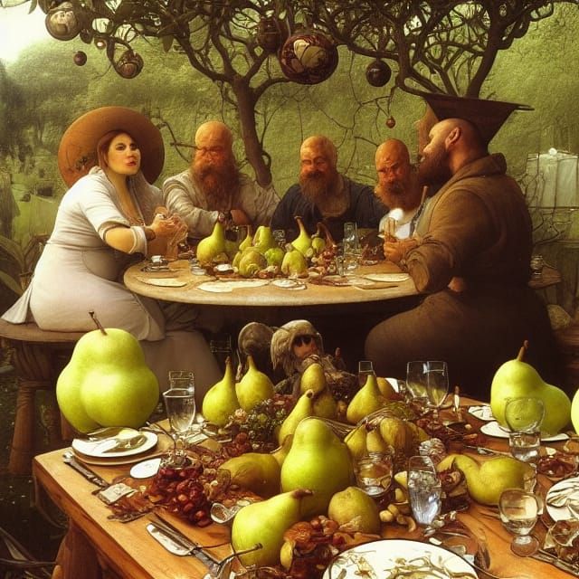 Garden Table with Pears: Hyperdetailed Concept Art