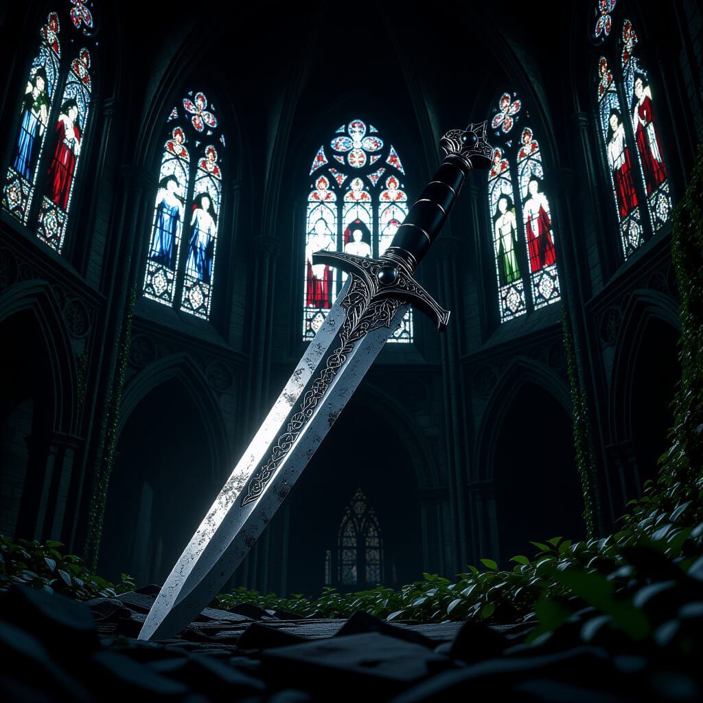 Silver Dagger Pierces Gothic Cathedral in Cinematic Style