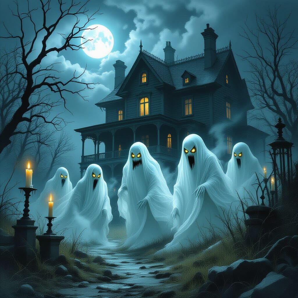 Ethereal Ghosts Haunt Gothic Mansion in Dark Horror Style