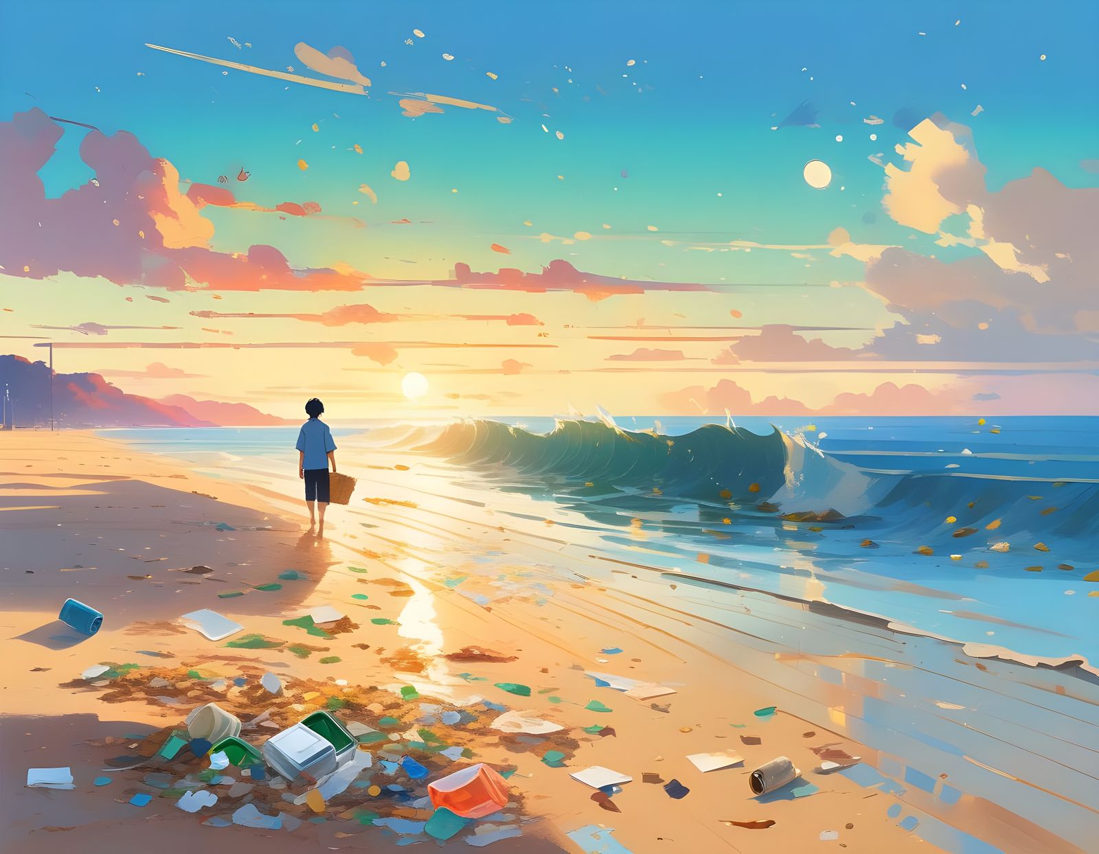 Golden Hour Beach with Trash, in the Style of Makoto Shinkai