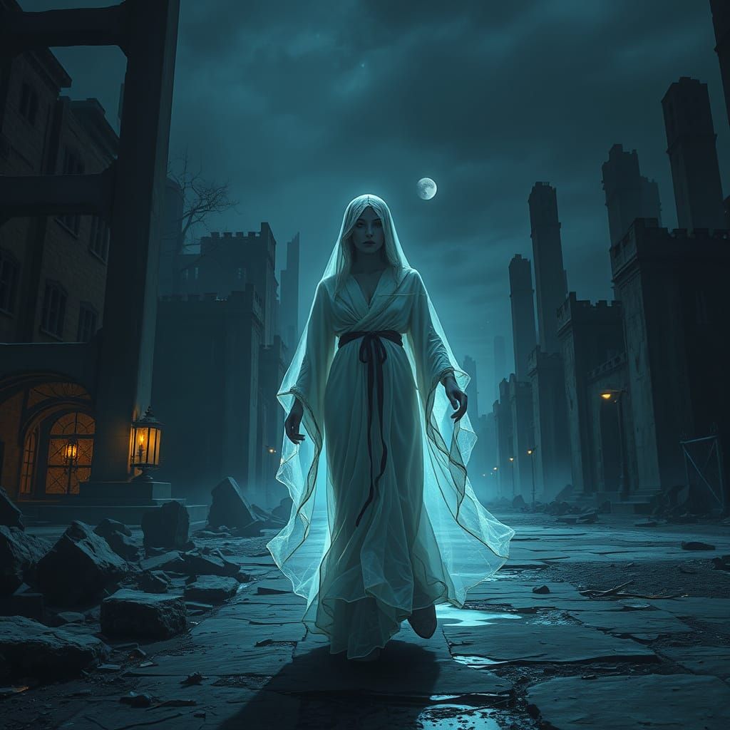 Ethereal Ghost in Ruined Cityscape