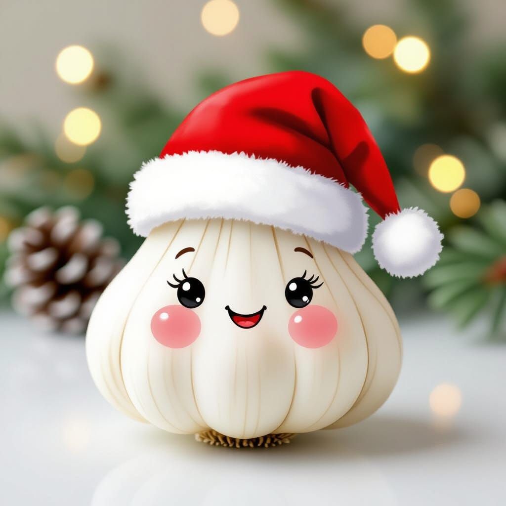 Smiling Garlic in Santa Hat Watercolor Clipart