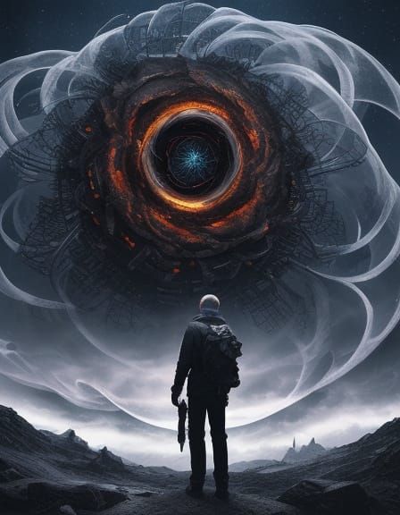 Surreal Cosmic Horror Landscape with Boy and Vortex