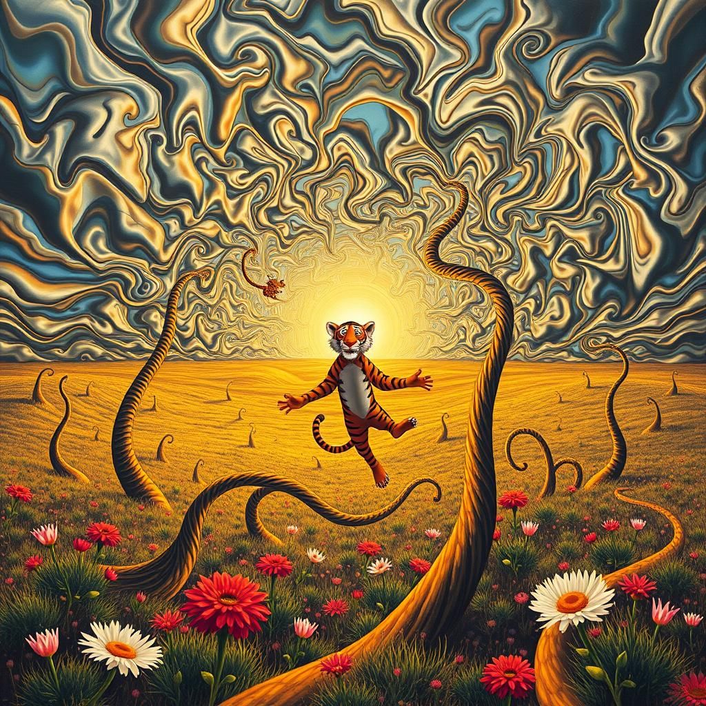 Surreal Landscape with Distorted Tigger in Metallic Sky