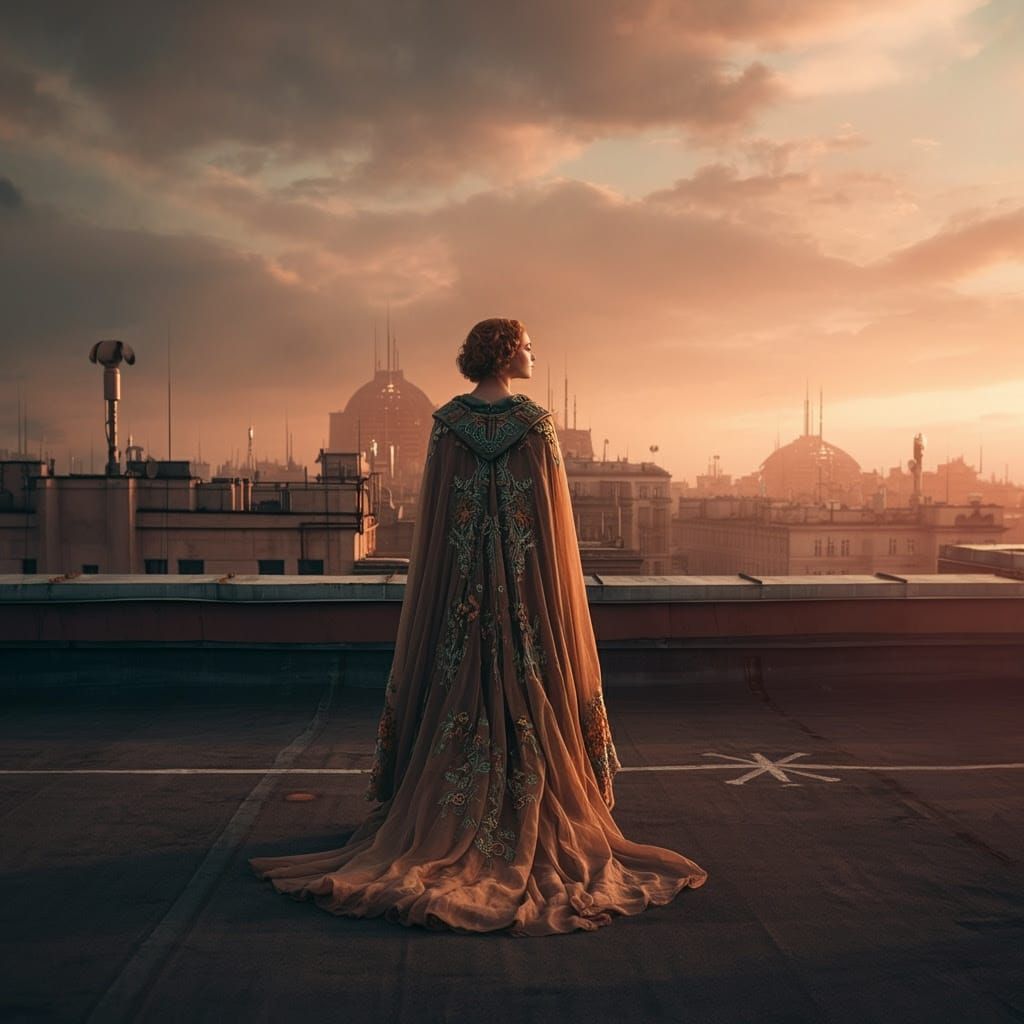 Young Woman Stands Alone on Rooftop, Gazing at Retro-Futuris...