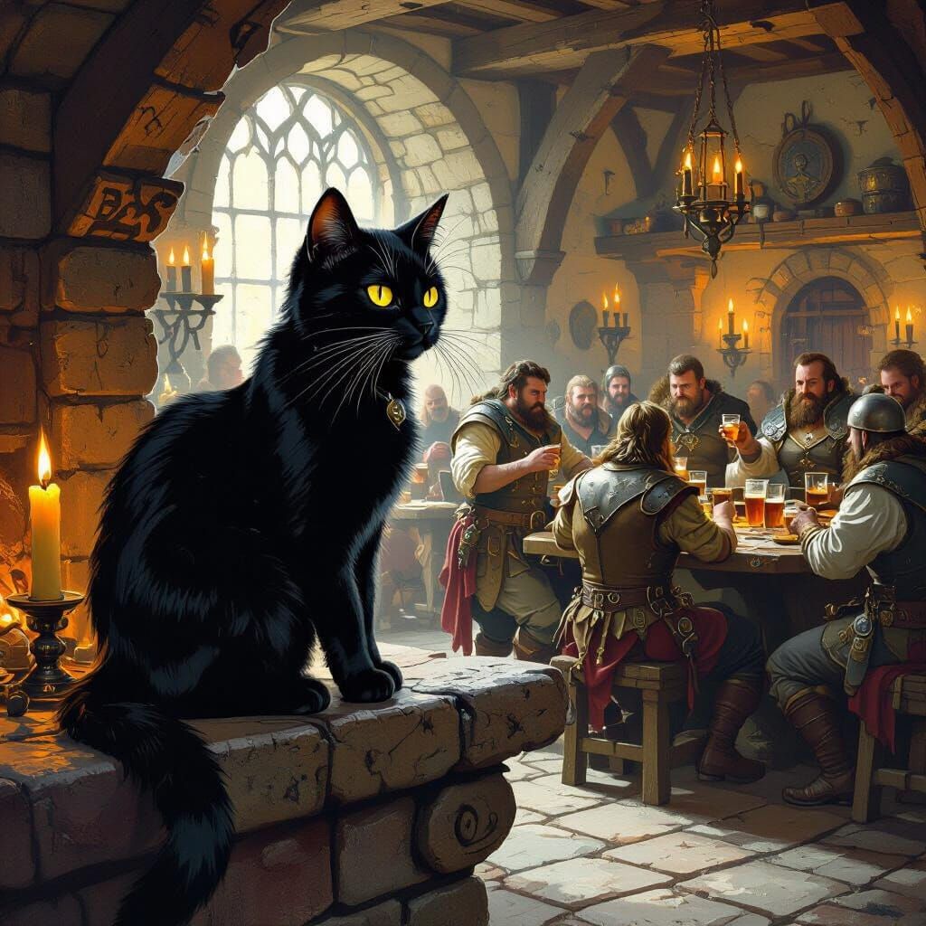 Black Cat Observes Medieval Tavern Scene by Candlelight