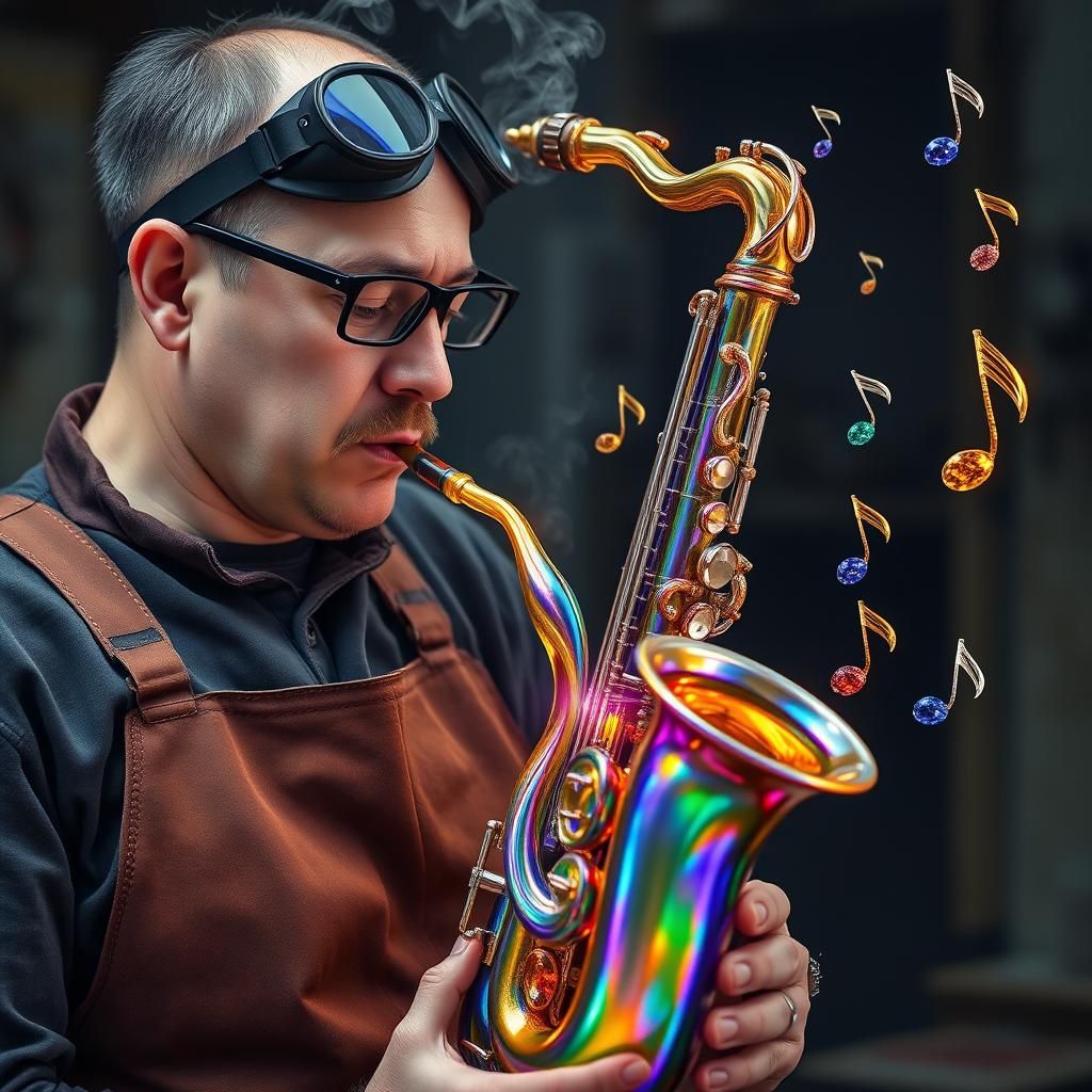 A glass blower artisan, wearing heat-resistant goggles and a...
