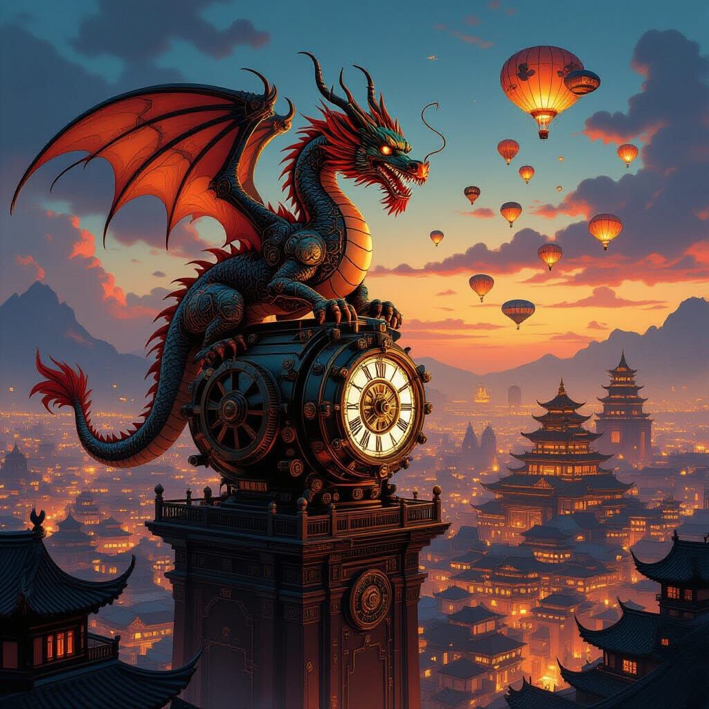 Steampunk Clockwork Dragon Over Lantern-Lit Chinese City