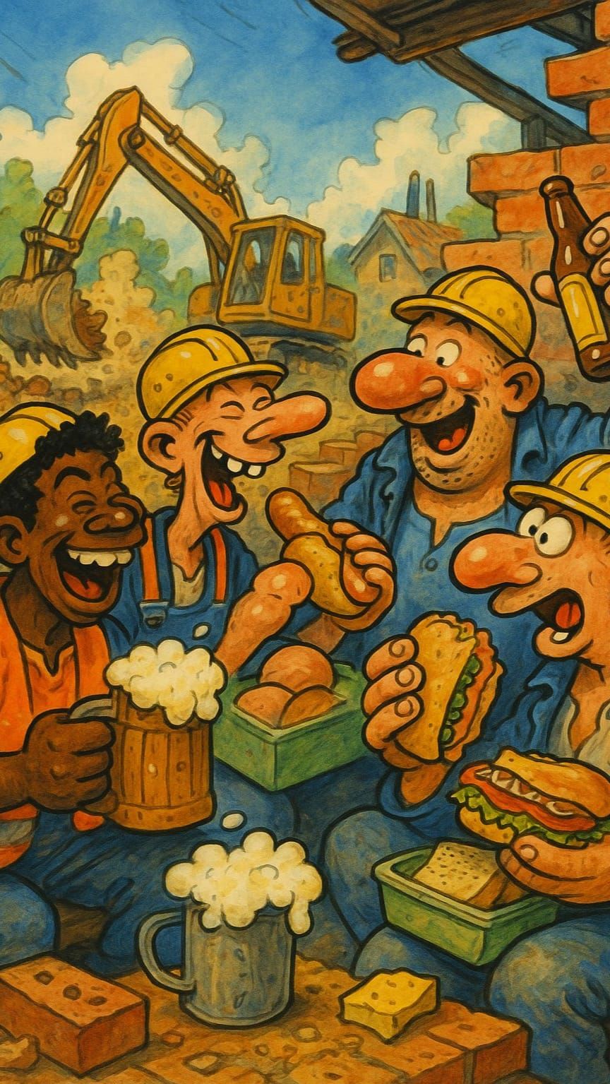 Humorous Construction Workers Lunch in Cartoon 2D Style