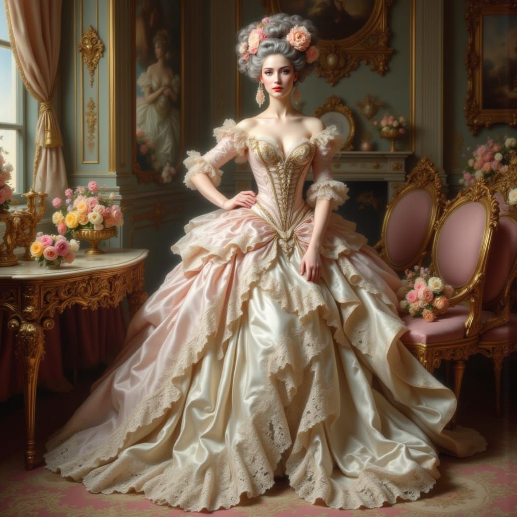 Rococo Woman in Opulent Salon Oil Painting