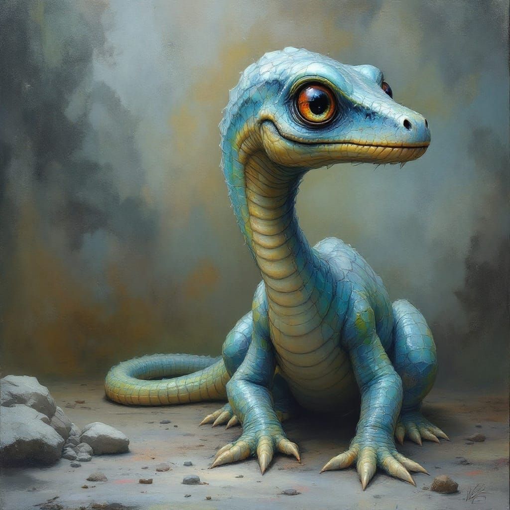 Surreal Dinosaur in Dreamlike Landscape with Iridescent Skin