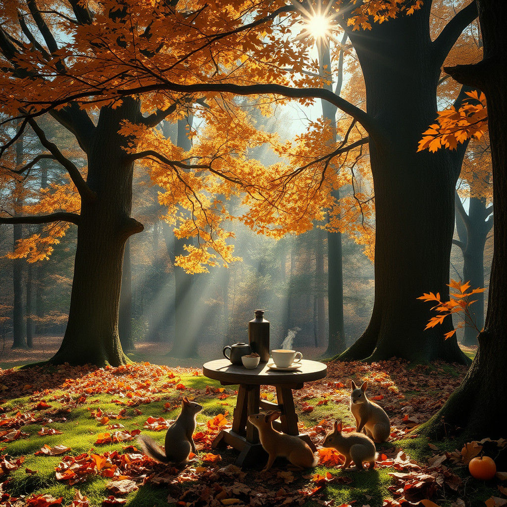 Autumn Glade with Tea and Woodland Animals