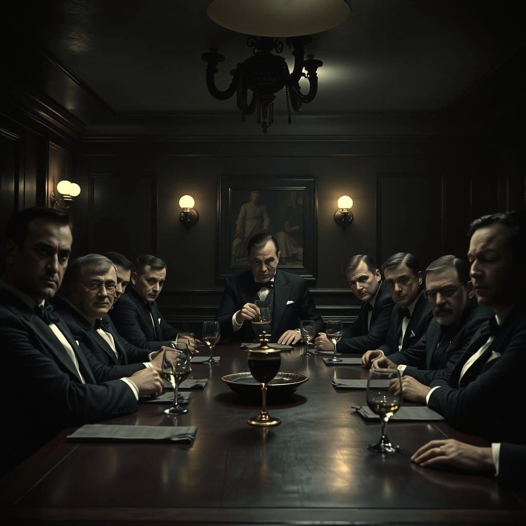 Vintage Mafia Boss Meeting in Dark Bar Room