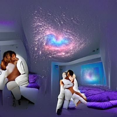 Passionate Encounter: Lovers Embrace in Galactic White Room