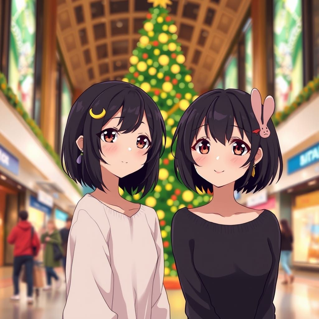 Anime Women Celebrate Christmas at Mall