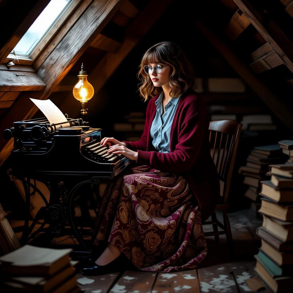 Woman Contemplating at Antique Typewriter, Oil Painting Styl...