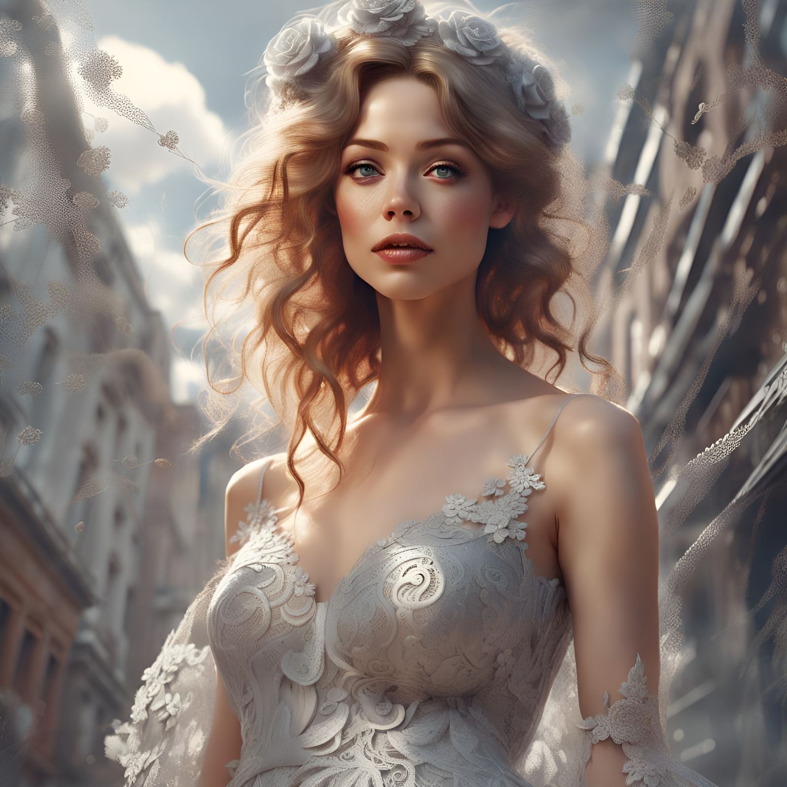 Gorgeous Bride in Silver Dress, Digital Art Portrait