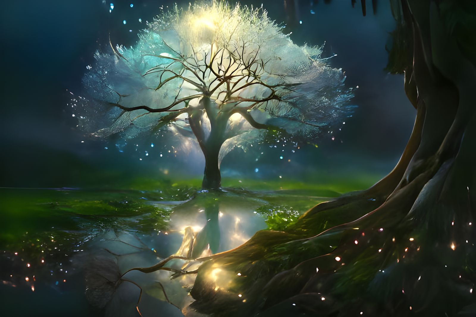 Radiant Silver Tree in Ethereal Fantasy Art