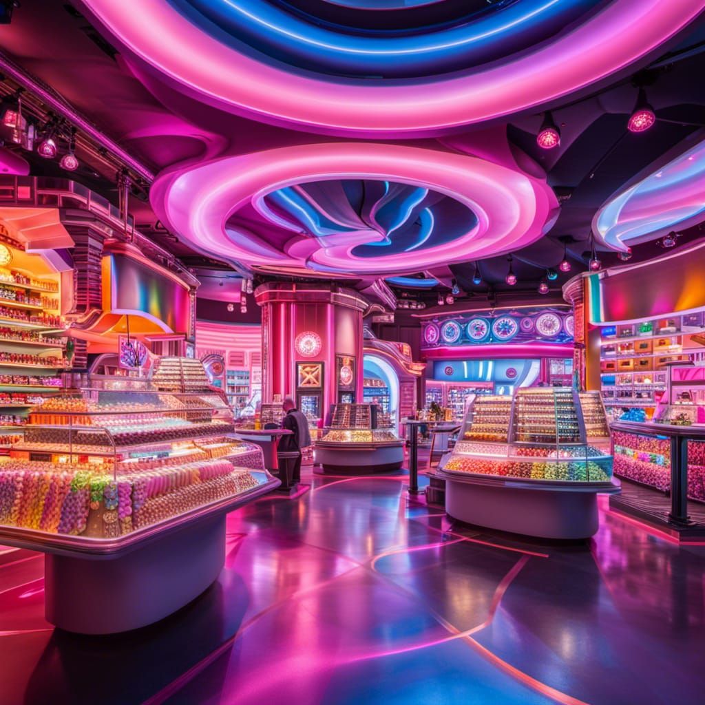 Futuristic Candy Shop with Floating Cotton Candy