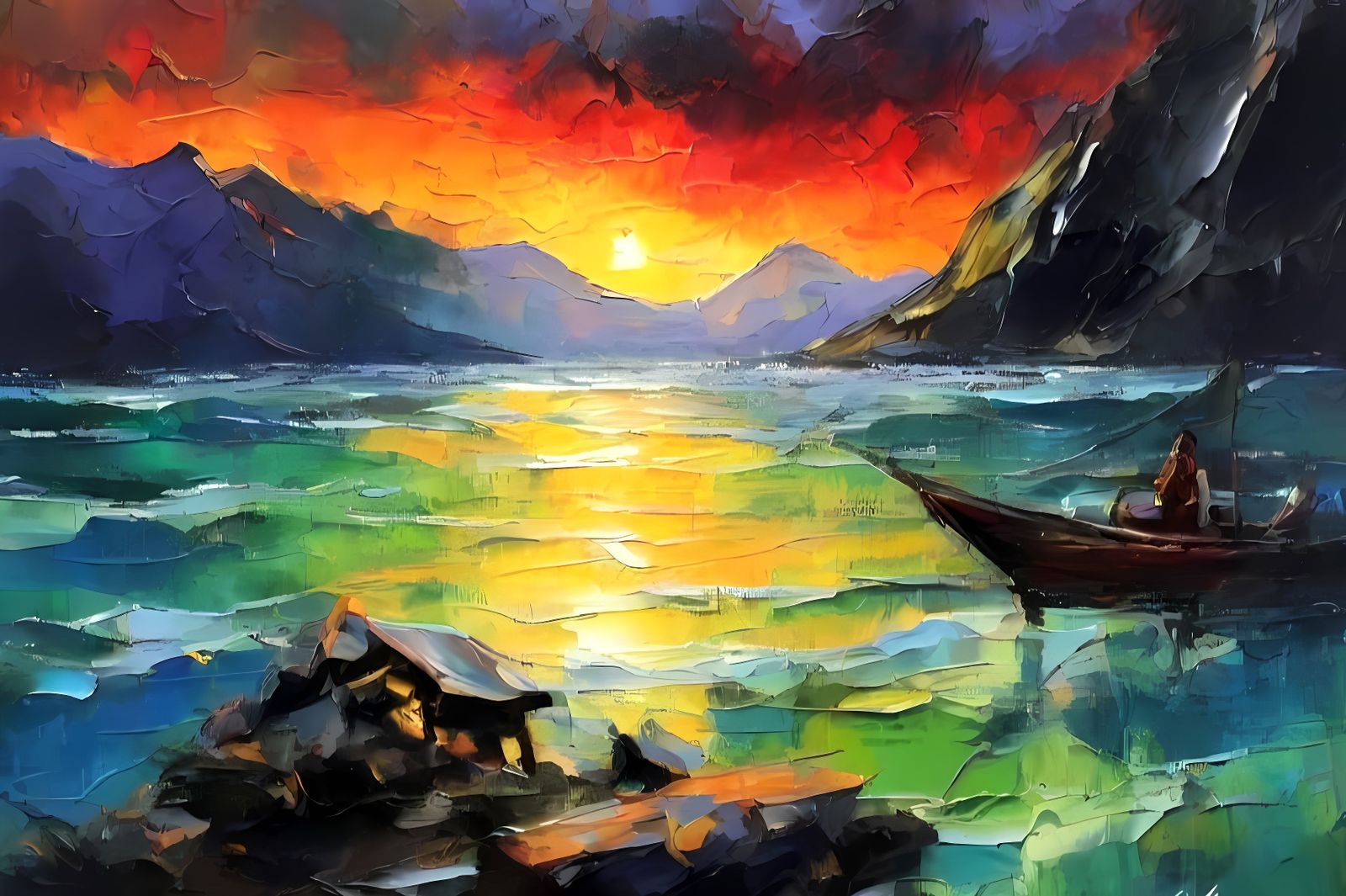 Wilderness Campfire Under Aurora: An Impasto Oil Painting