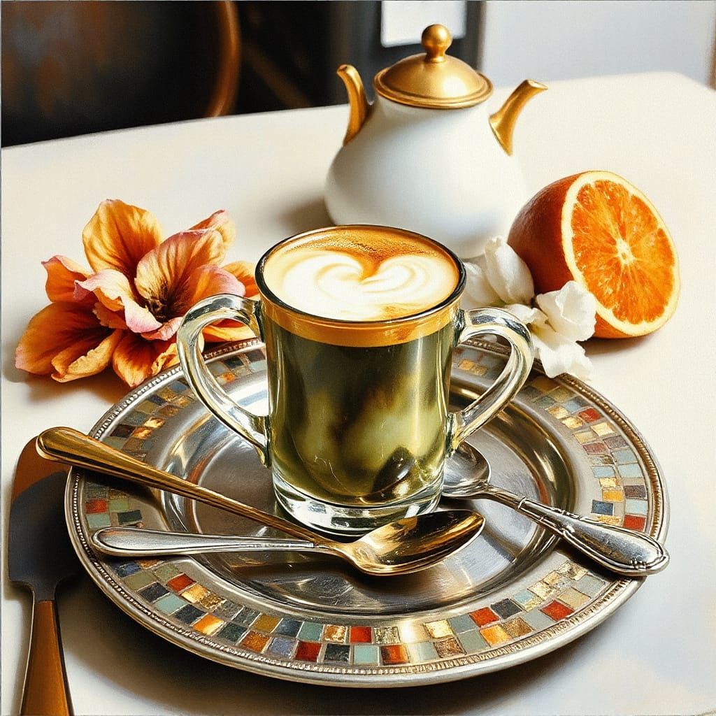 Golden Coffee Cup Dog, Gouache Watercolor Painting