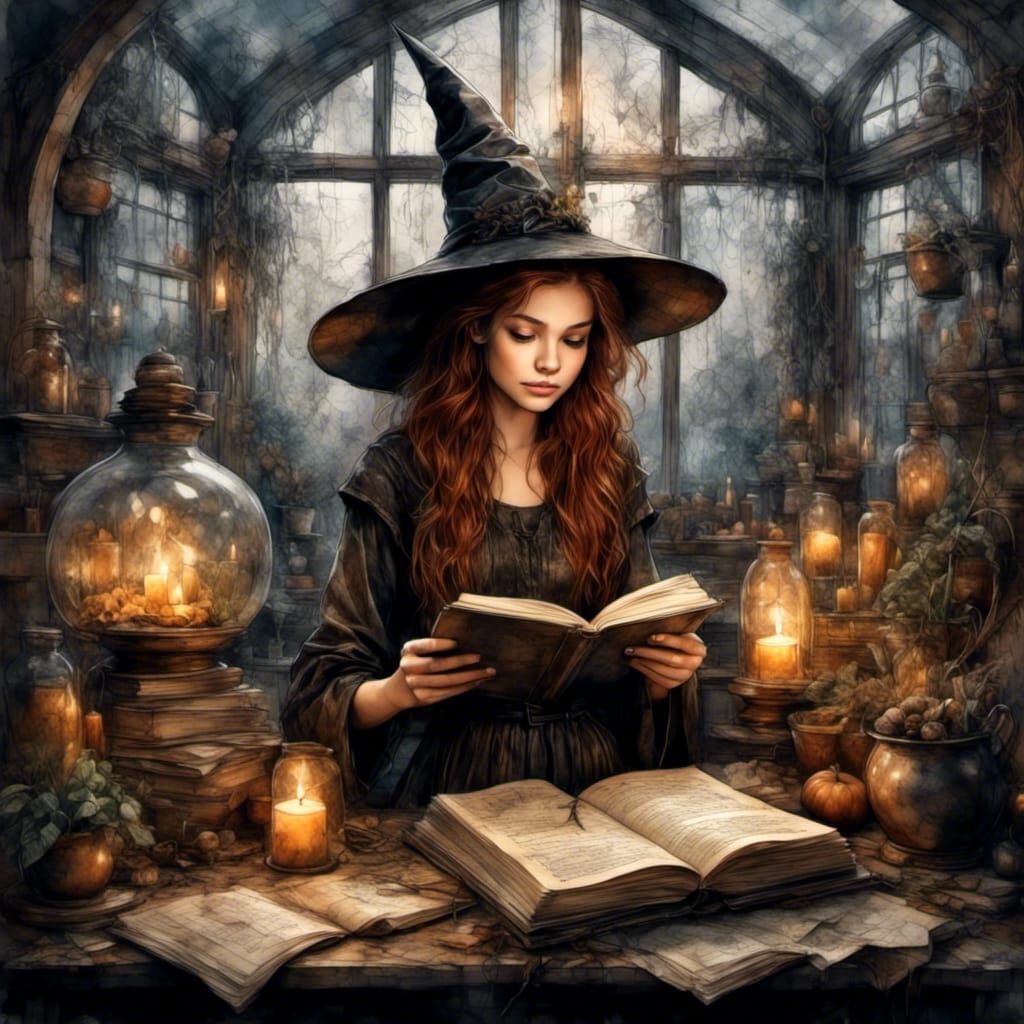 Young Witch in Greenhouse Sketch with Spellbook