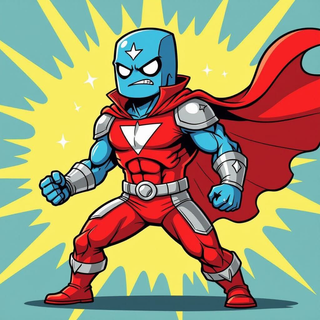 Adventure Time Style Blue Superhero in Ripped Red Outfit
