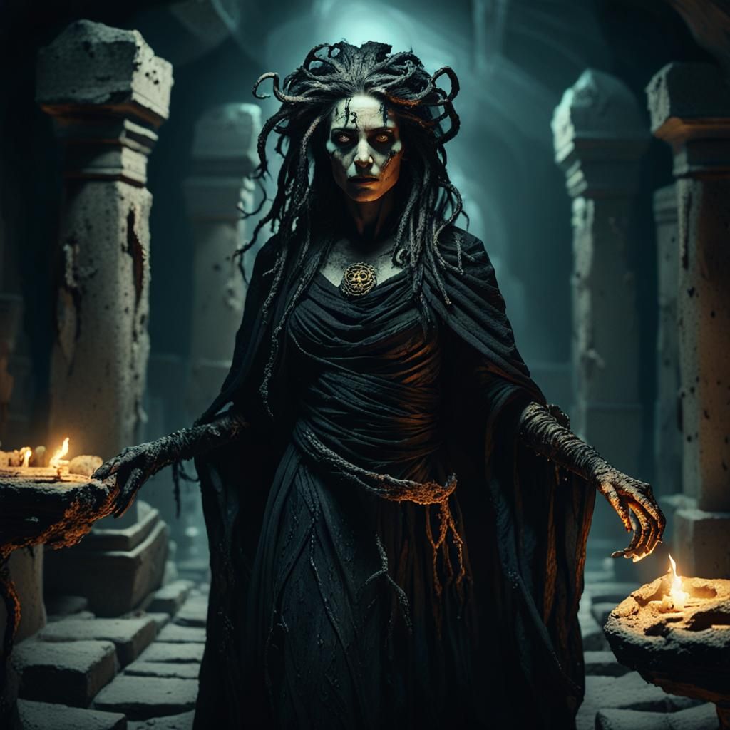 Medusa in Catacombs: Dark Fantasy Concept Art