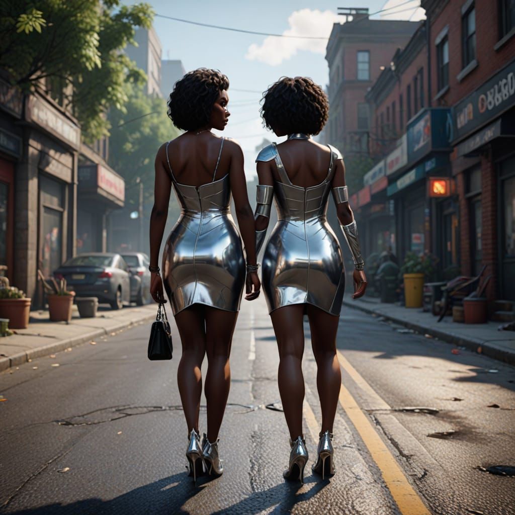 Sultry Ebony Goddesses Stroll in Metallic Latex Finery