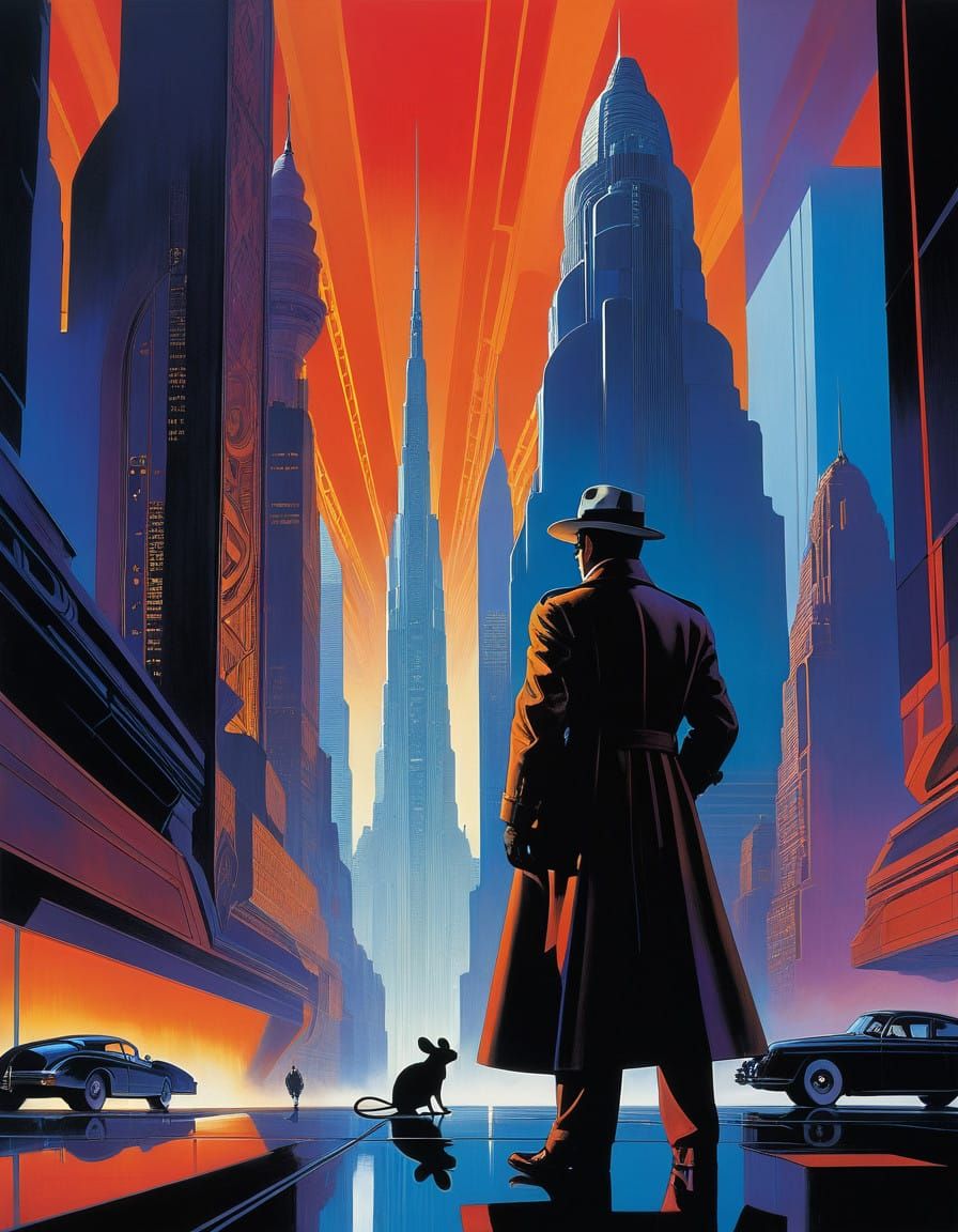 Mouse in Fedoras Gazing Up at Futuristic Skyscraper