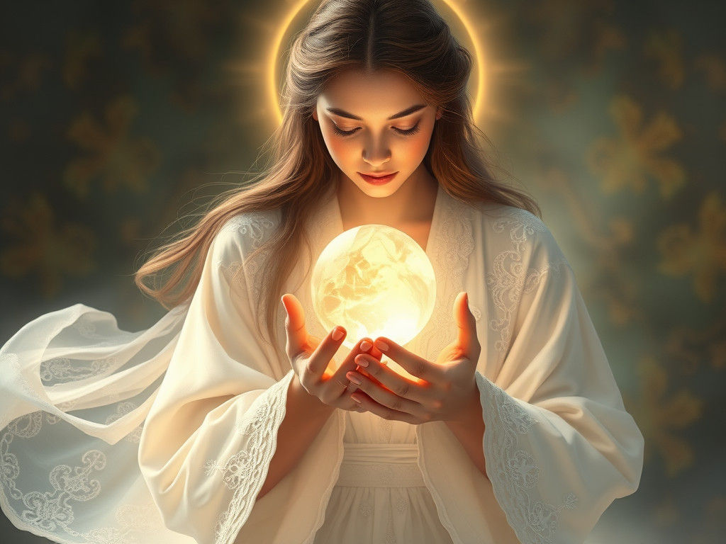 Glowing Crystal Orb and Elegant Woman in Soft Light