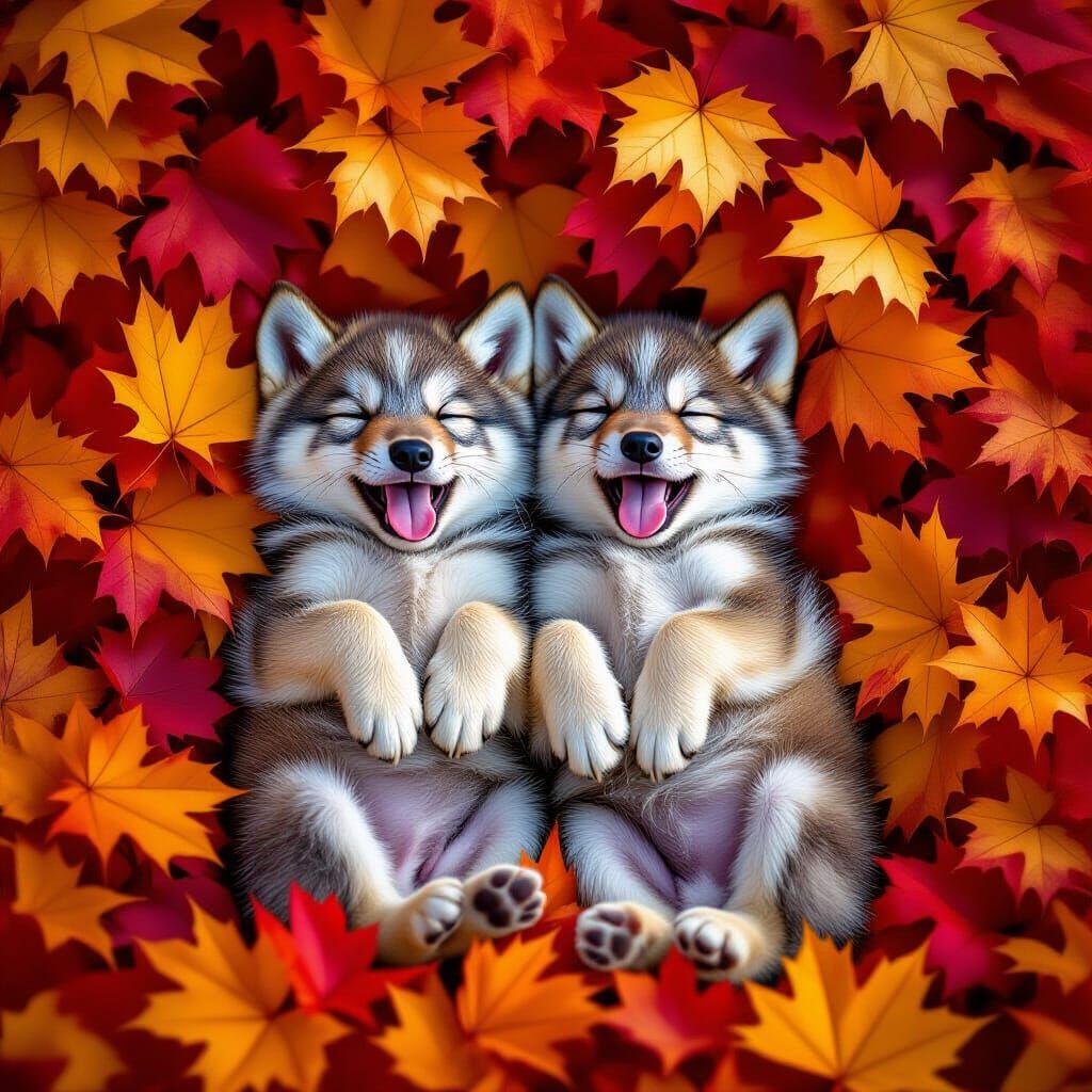 Joyful Wolf Pups Playing in Autumn Leaves