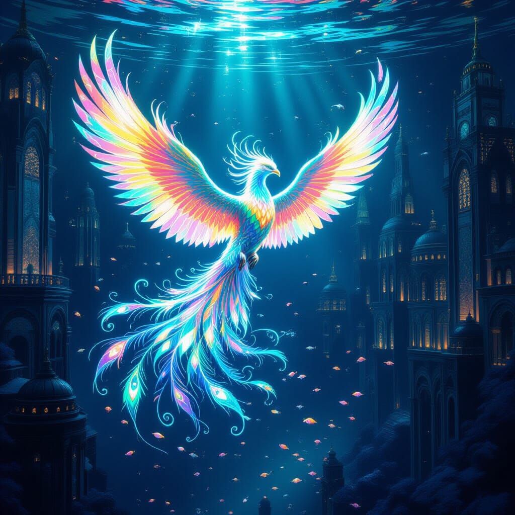 Bioluminescent Phoenix Soaring Through Underwater City