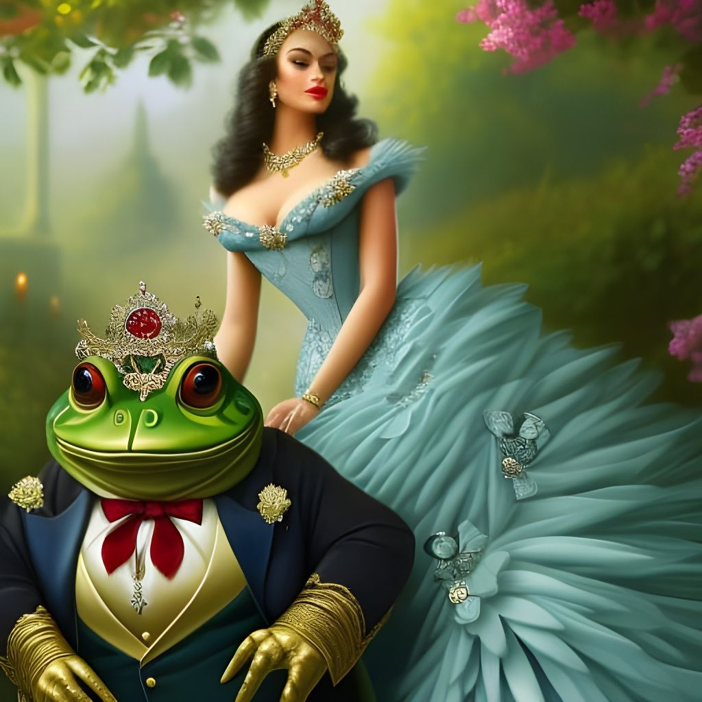 Victorian Woman and Frog in Majestic Garden