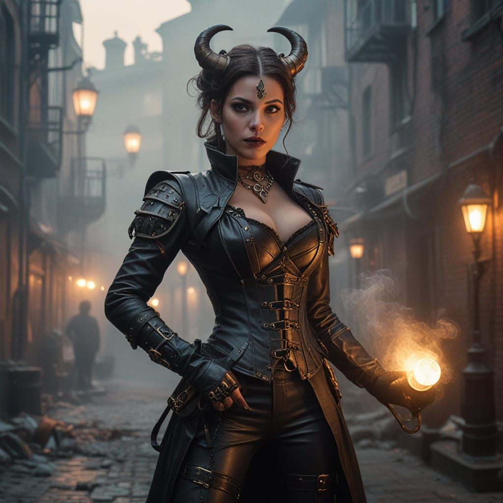 Steampunk Tiefling Assassin in Foggy Alleyway