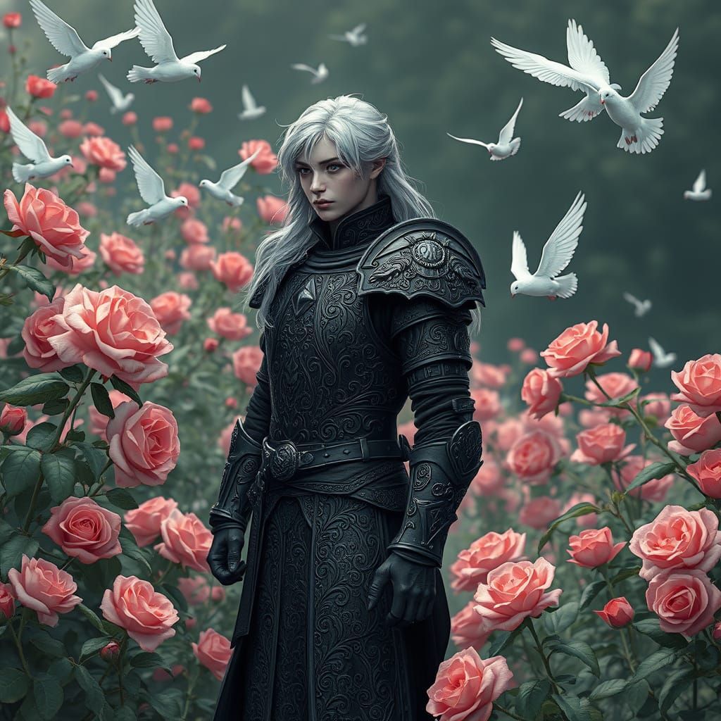 Silver-Haired Warrior in Rose Garden, Gothic Fantasy