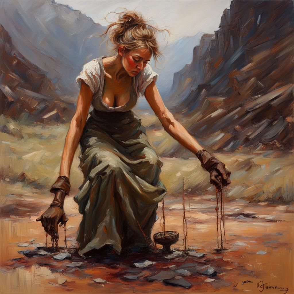 Earthy Woman's Struggle: A Messy Oil Painting