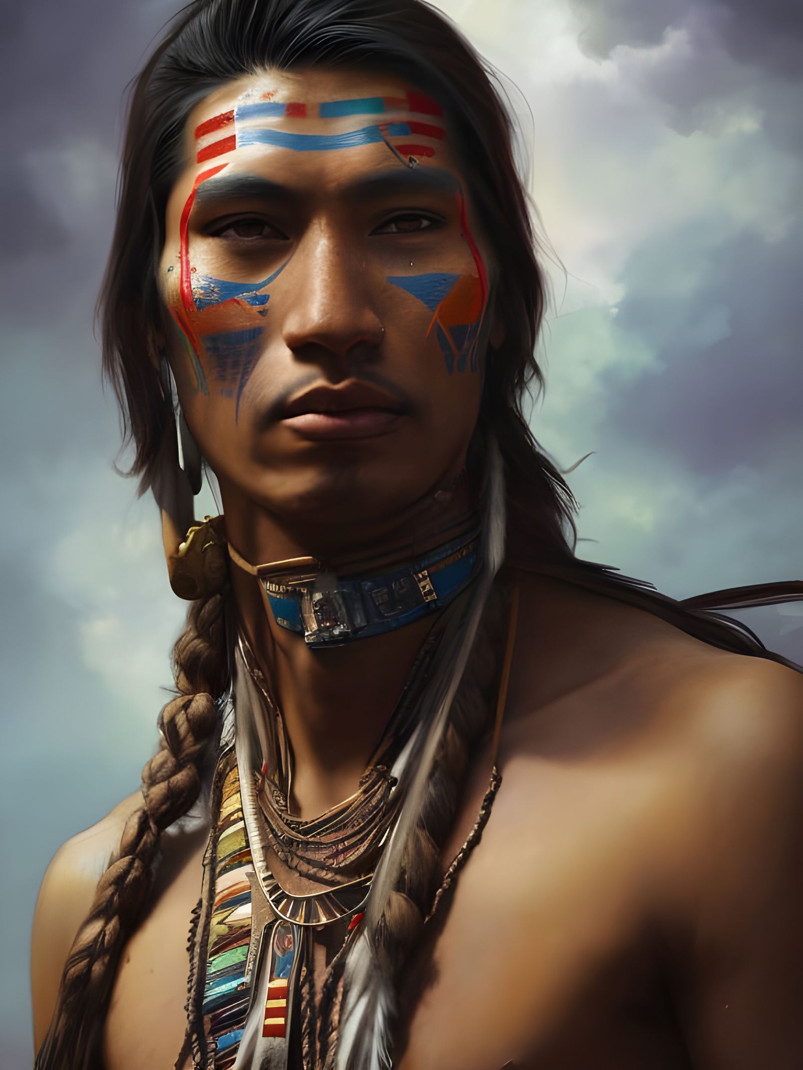 Navajo Portrait with War Paint, Hyperdetailed Art