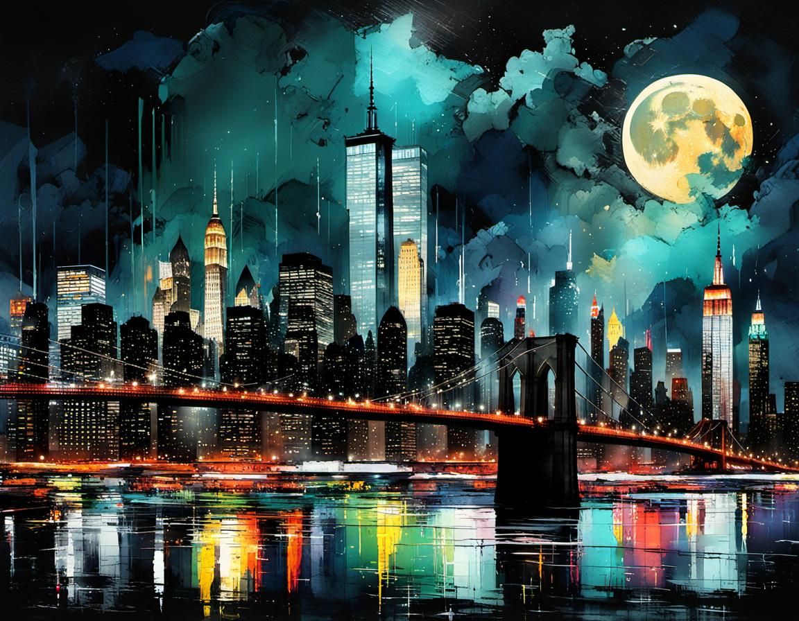 New York Cityscape in Thunderstorm as Watercolor Painting