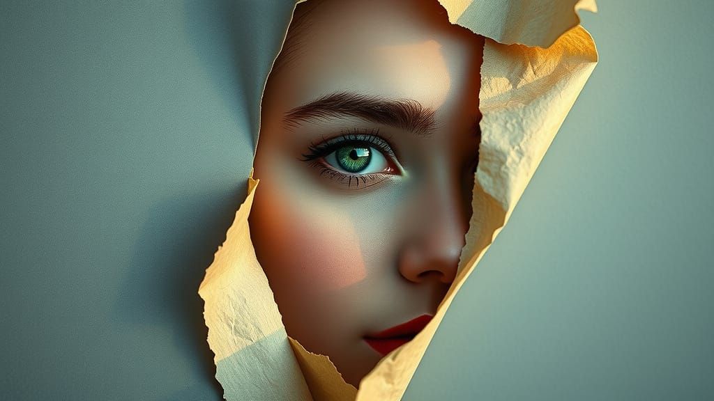 Woman's Face Emerges From Torn Parchment, Ethereal Glow