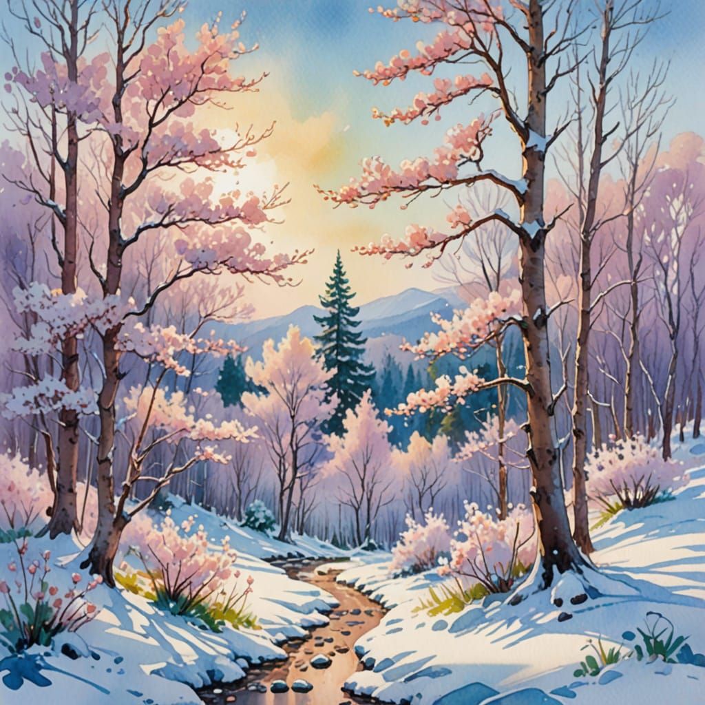 Watercolor Forest Landscape with Spring Blossoms