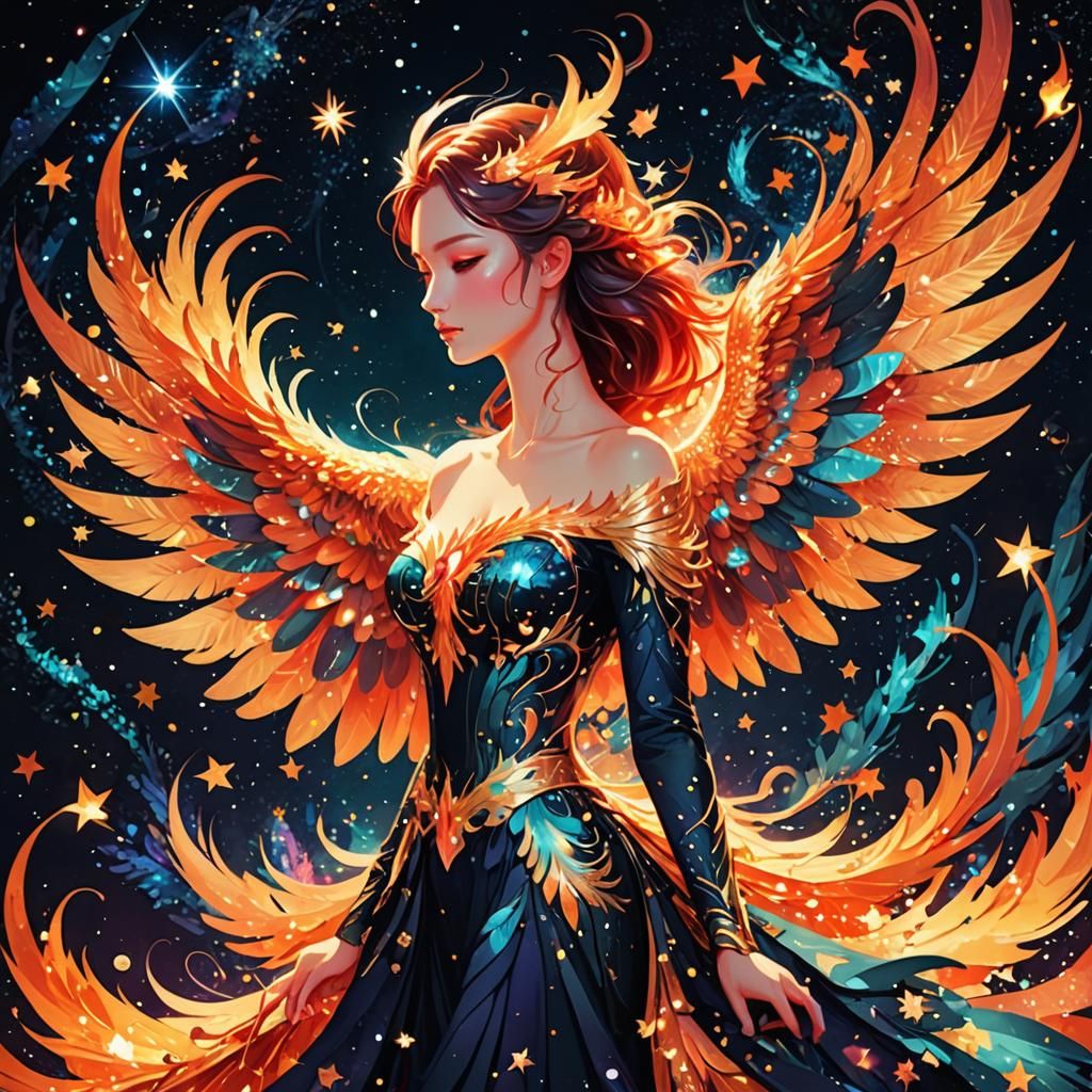 Shimmering Fire Phoenix in Starry Night Collage