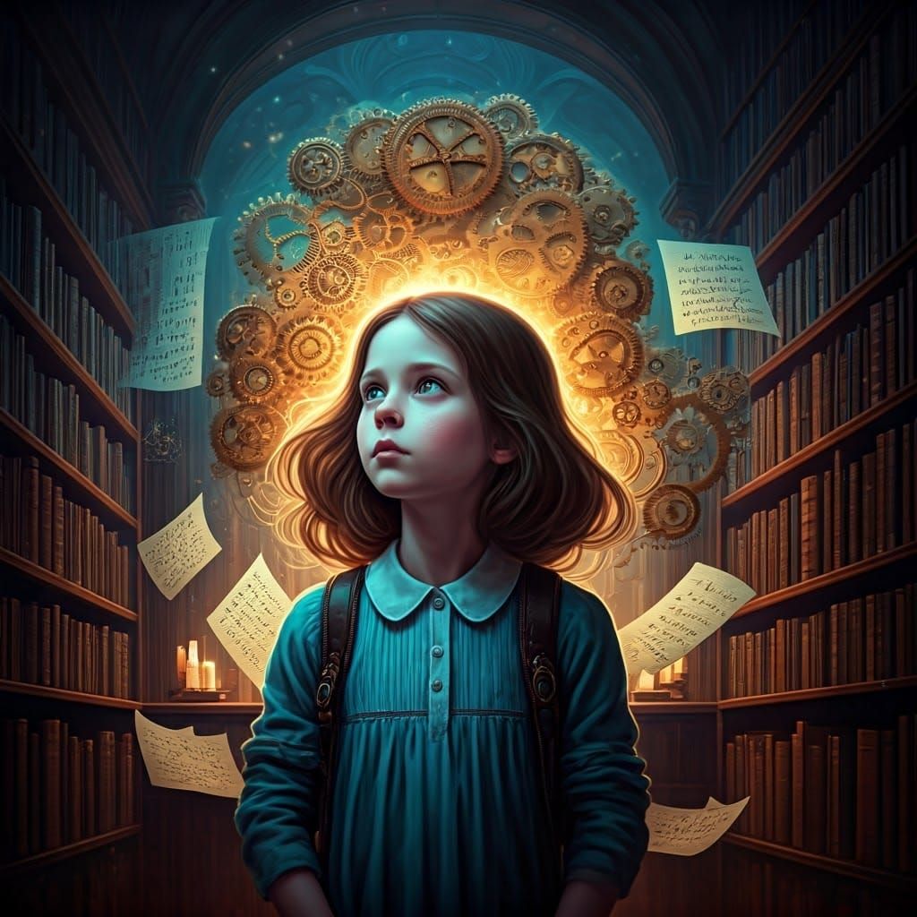 Whimsical Girl Lost in Steam Punk Library