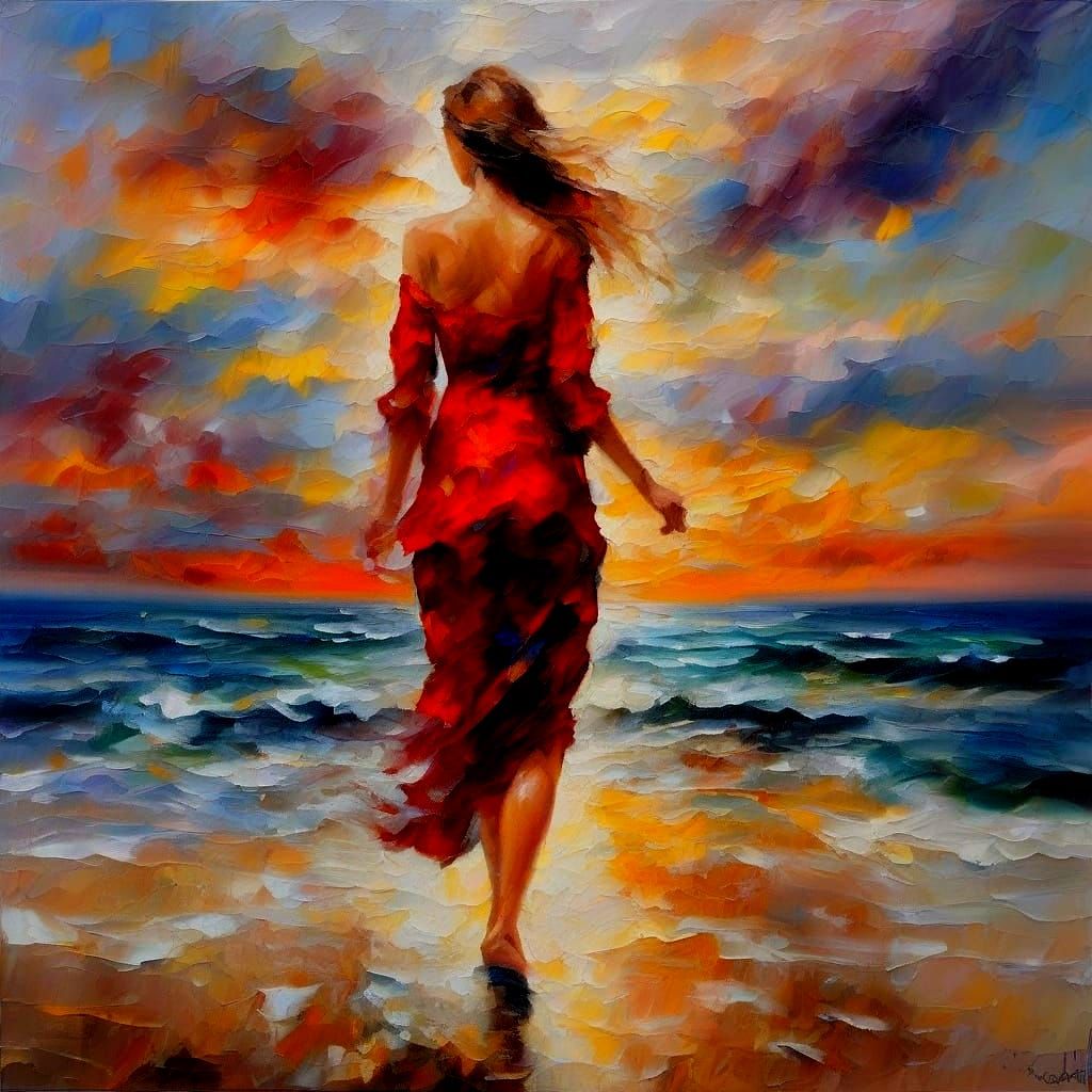 Romantic Impasto Painting of a Woman Walking in the Rain