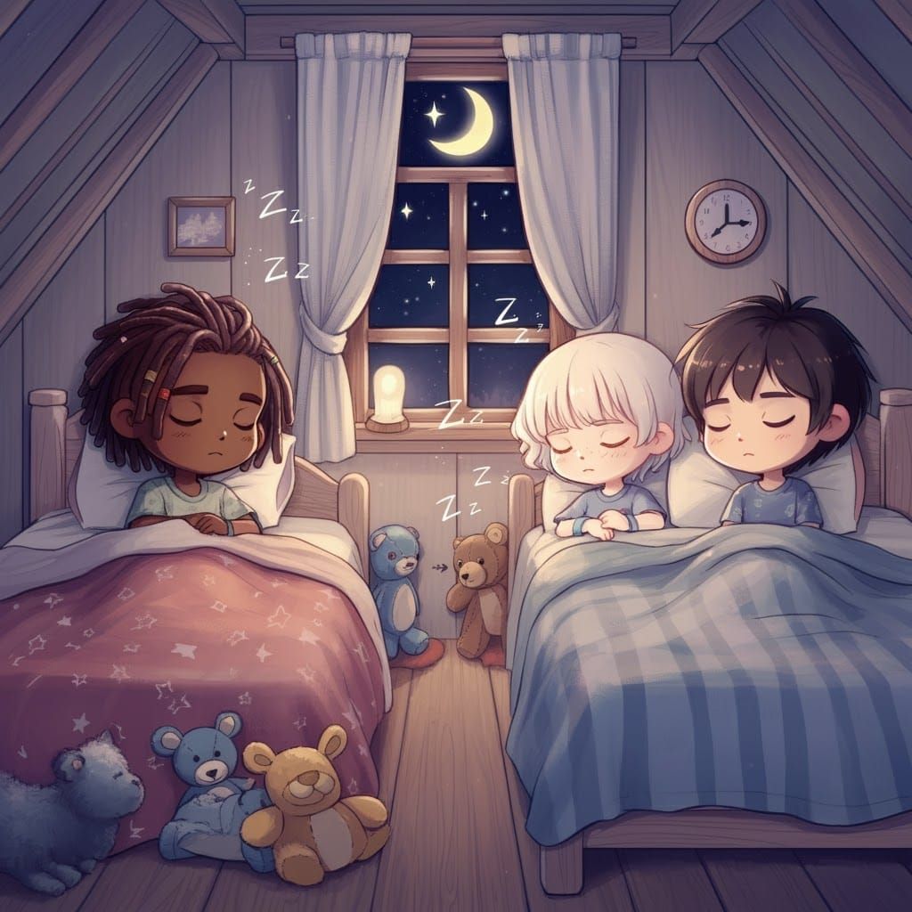 Chibi Teens Sleeping in Moonlit Anime Cottage