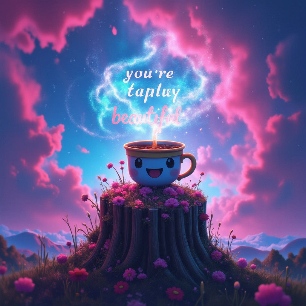Surreal Dreamscape: Coffee Cup Message in Aurora
