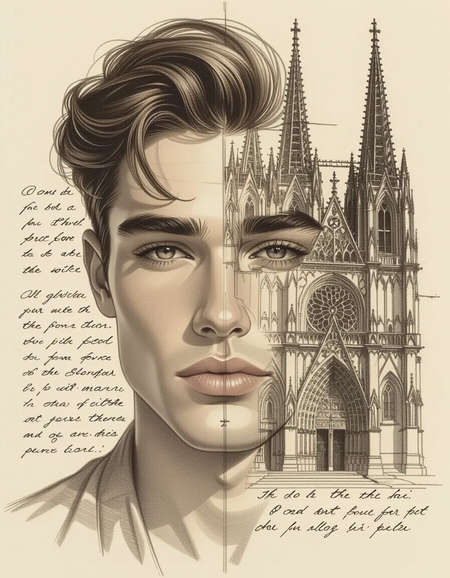 Surreal Portrait Fusion: Man and Cathedral Sketch